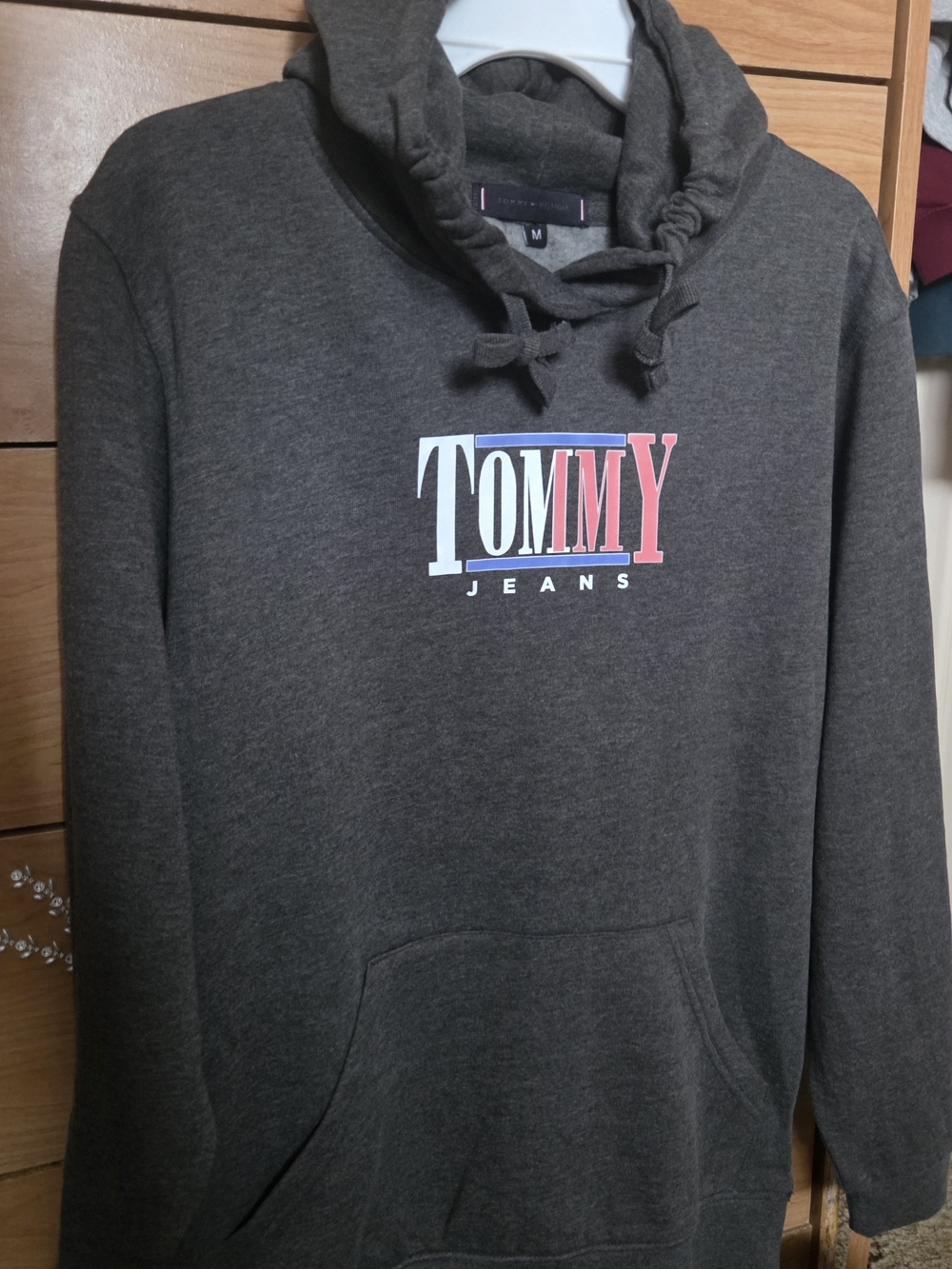 Brand new Tommy Hilfiger Men's Charcoal Crewneck Hoodie with Tri-Color Logo.